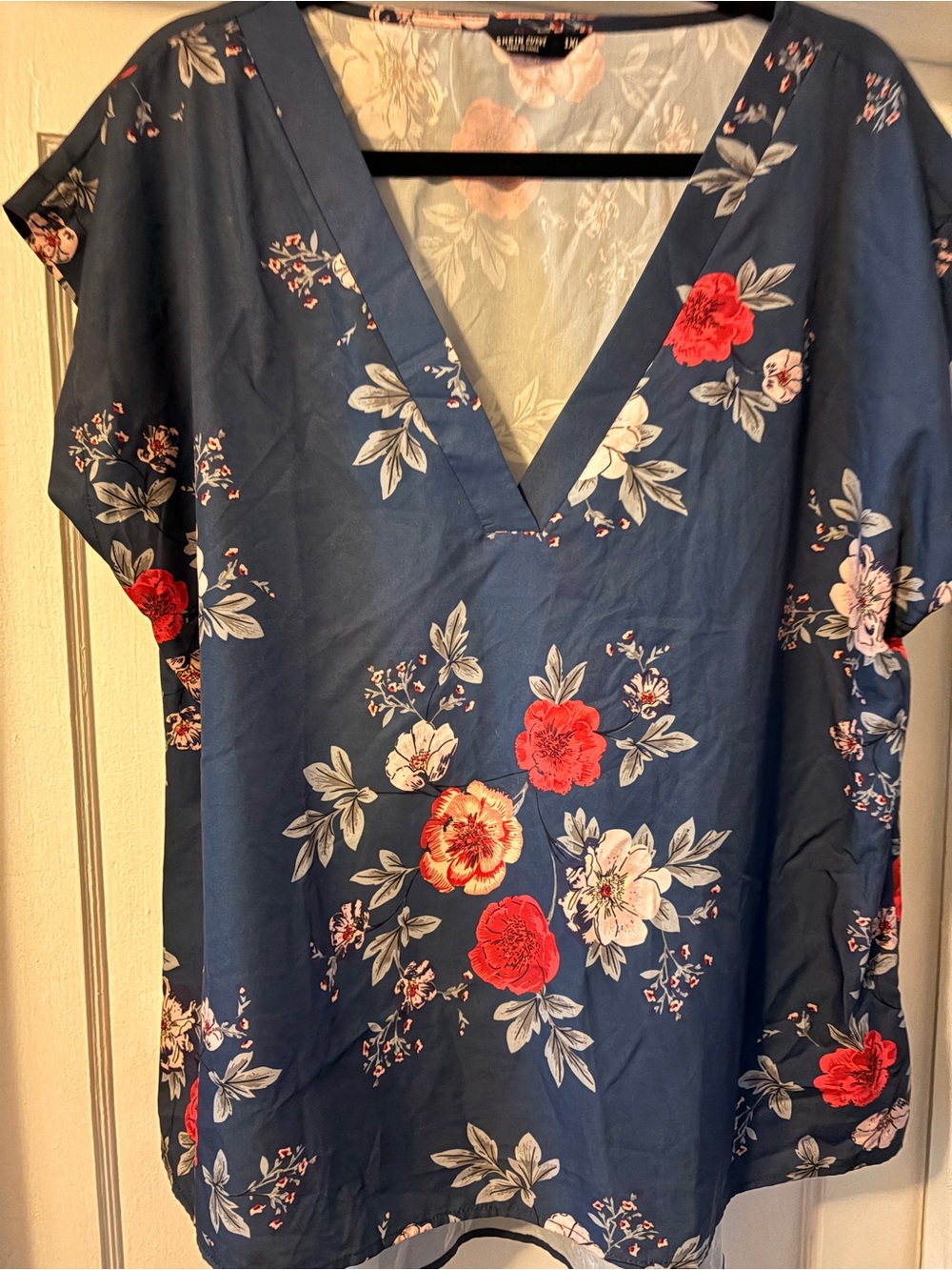 SHEIN Navy V-Neck Floral Blouse with Red & White Blooms